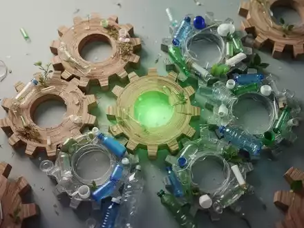 Zahnräder aus Holz und recyceltem Kunststoff, die sich ineinander verzahnen, symbolisieren Nachhaltigkeit und Kreislaufwirtschaft. - Foto: über boerse-global.de