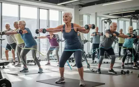 Senioren und Seniorinnen beim Krafttraining mit leichten Gewichten und Widerstandsbändern in einem modernen Fitnessstudio. - Foto: über boerse-global.de