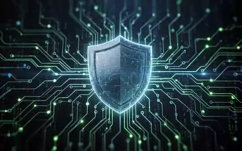 Stilisierte digitale Schildikone auf einem neuronalen Netzwerk, symbolisiert KI-gestützte Cybersicherheit und Datenschutz. - Foto: über boerse-global.de