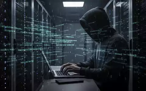 Person in Kapuzenjacke tippt auf Laptop, umgeben von digitalem Code und Server-Racks, symbolisiert Cyberangriff. - Foto: über boerse-global.de
