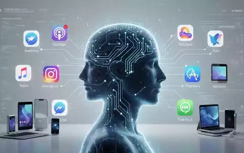 Leuchtende menschliche Kopfsilhouette verbindet sich mit App-Icons und Smart-Geräten, symbolisiert KI-Integration mit Drittanbieter-Apps. - Foto: über boerse-global.de