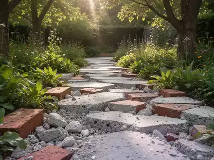 Ein kunstvoll gestalteter Gartenweg aus recyceltem Bauschutt, umgeben von üppiger Vegetation und Blumen. Sonnenlicht fällt durch die Bäume. - Foto: über boerse-global.de