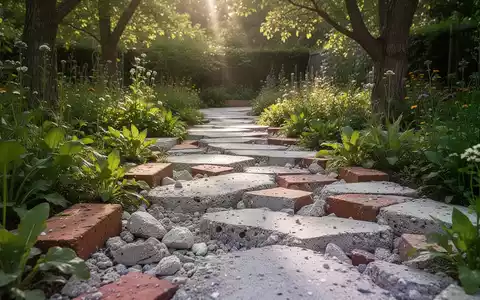Ein kunstvoll gestalteter Gartenweg aus recyceltem Bauschutt, umgeben von üppiger Vegetation und Blumen. Sonnenlicht fällt durch die Bäume. - Foto: über boerse-global.de