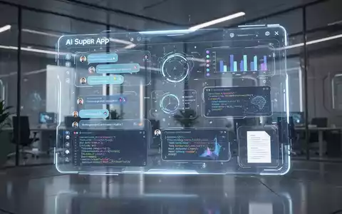 Futuristisches holografisches Interface einer KI-Super-App mit integrierten Produktivitätstools und leuchtenden Datenvisualisierungen in einem modernen Büro. - Foto: über boerse-global.de