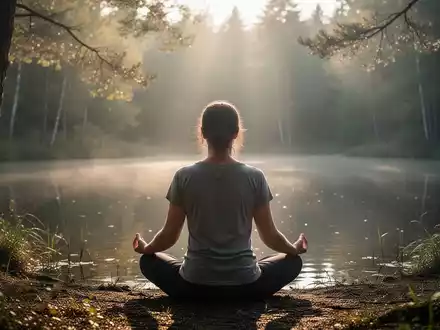 Eine Person sitzt in meditativer Haltung in einer ruhigen Naturlandschaft, umgeben von Bäumen und weichem Licht. - Foto: über boerse-global.de