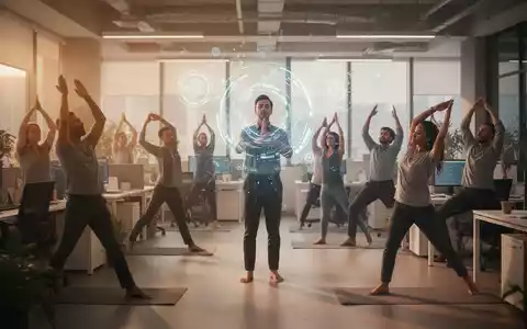Mitarbeiter in einem modernen Büro nehmen an einem Wellness-Programm teil, das durch eine KI-Schnittstelle unterstützt wird, um Stress zu reduzieren. - Foto: über boerse-global.de