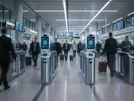 Reisende in einem modernen, digital erweiterten Flughafenterminal mit biometrischen Scannern an automatischen Gates. - Foto: über boerse-global.de