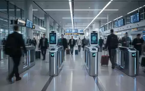 Reisende in einem modernen, digital erweiterten Flughafenterminal mit biometrischen Scannern an automatischen Gates. - Foto: über boerse-global.de