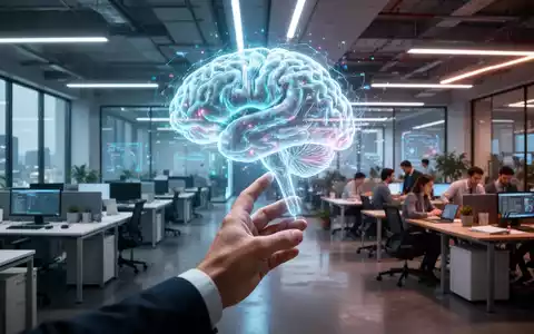 Ein stilisiertes KI-Gehirn-Hologramm interagiert mit einer menschlichen Hand in einer futuristischen Büroumgebung, die den Wandel der Arbeitswelt darstellt. - Foto: über boerse-global.de