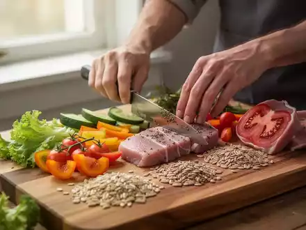 Hände bereiten eine gesunde Mahlzeit mit frischem Gemüse, magerem Eiweiß und Vollkornprodukten auf einem Holzschneidebrett zu. - Foto: über boerse-global.de
