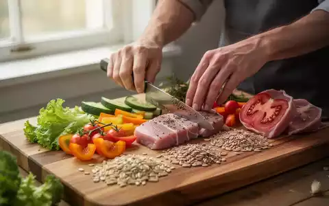 Hände bereiten eine gesunde Mahlzeit mit frischem Gemüse, magerem Eiweiß und Vollkornprodukten auf einem Holzschneidebrett zu. - Foto: über boerse-global.de