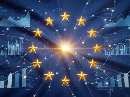 Eine stilisierte, leuchtende EU-Flagge mit Datencharts und verbundenen Linien, die Konsolidierung und Datenfluss im ESG-Markt symbolisiert. - Foto: über boerse-global.de