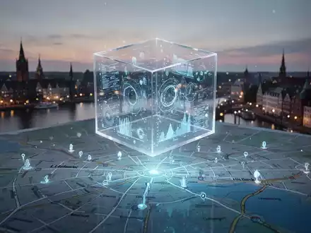 Ein leuchtender, transparenter Würfel mit Datenvisualisierungen schwebt über einer stilisierten Karte von Lübeck bei Sonnenuntergang. - Foto: über boerse-global.de