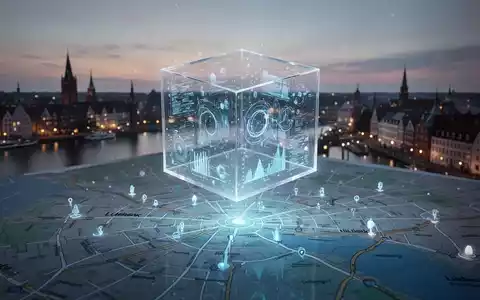Ein leuchtender, transparenter Würfel mit Datenvisualisierungen schwebt über einer stilisierten Karte von Lübeck bei Sonnenuntergang. - Foto: über boerse-global.de