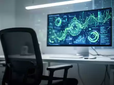 Ein unscharfer, leerer Bürostuhl im Vordergrund mit einem beleuchteten Computerbildschirm im Hintergrund, der abstrakte Datenmuster anzeigt. - Foto: über boerse-global.de
