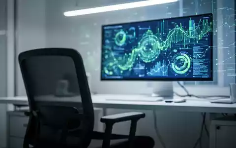 Ein unscharfer, leerer Bürostuhl im Vordergrund mit einem beleuchteten Computerbildschirm im Hintergrund, der abstrakte Datenmuster anzeigt. - Foto: über boerse-global.de