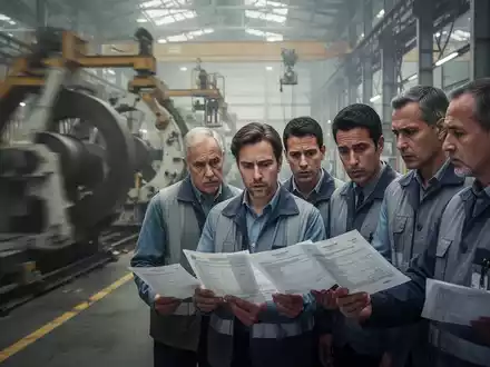 Arbeitnehmer vor einer Fabrikkulisse, die Dokumente betrachten, was Entlassungen und wirtschaftlichen Wandel symbolisiert. - Foto: über boerse-global.de