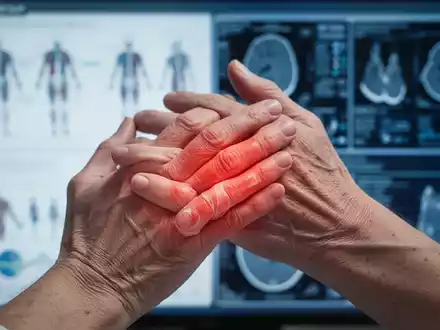 Nahaufnahme von Händen, die Gelenkschmerzen und Entzündungen zeigen, mit unscharfem medizinischem Hintergrund. - Foto: über boerse-global.de