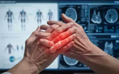 Nahaufnahme von Händen, die Gelenkschmerzen und Entzündungen zeigen, mit unscharfem medizinischem Hintergrund. - Foto: über boerse-global.de