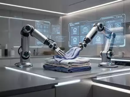 Ein Roboterarm faltet Wäsche in einem modernen Smart Home, mit einer holografischen Anzeige im Hintergrund. - Foto: über boerse-global.de