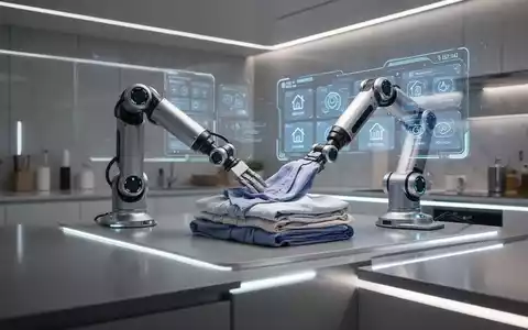 Ein Roboterarm faltet Wäsche in einem modernen Smart Home, mit einer holografischen Anzeige im Hintergrund. - Foto: über boerse-global.de