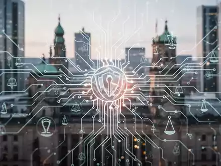 Ein stilisiertes neurales Netzwerk mit darüberliegenden abstrakten Symbolen, die Regulierung und Aufsicht andeuten, vor einem unscharfen deutschen Stadtbild. - Foto: über boerse-global.de