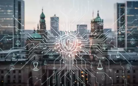 Ein stilisiertes neurales Netzwerk mit darüberliegenden abstrakten Symbolen, die Regulierung und Aufsicht andeuten, vor einem unscharfen deutschen Stadtbild. - Foto: über boerse-global.de
