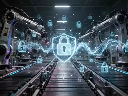 Eine futuristische Industrieanlage mit Robotern und digitalen Sicherheitssymbolen, die Cybersicherheit in Lieferketten darstellt. - Foto: über boerse-global.de