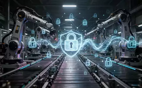 Eine futuristische Industrieanlage mit Robotern und digitalen Sicherheitssymbolen, die Cybersicherheit in Lieferketten darstellt. - Foto: über boerse-global.de