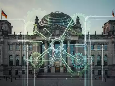 Bundestagsgebäude, überlagert von Zahnrädern und Rohren, die Energiepolitik und Gesetzesänderungen darstellen. - Foto: über boerse-global.de