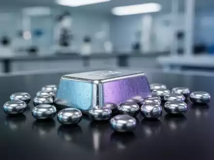 Nahaufnahme von glänzenden Dysprosium-Pellets auf einer dunklen, reflektierenden Oberfläche, mit blauen und violetten Reflexionen. - Foto: über boerse-global.de