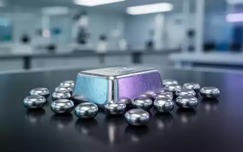 Nahaufnahme von glänzenden Dysprosium-Pellets auf einer dunklen, reflektierenden Oberfläche, mit blauen und violetten Reflexionen. - Foto: über boerse-global.de