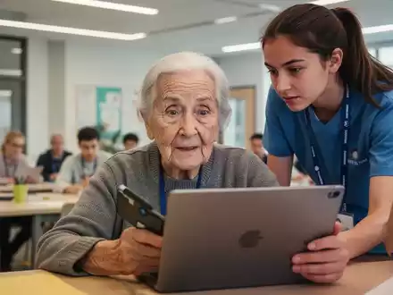 Eine ältere Person lernt mit einem Laptop, während eine jüngere Person geduldig daneben sitzt und hilft. - Foto: über boerse-global.de