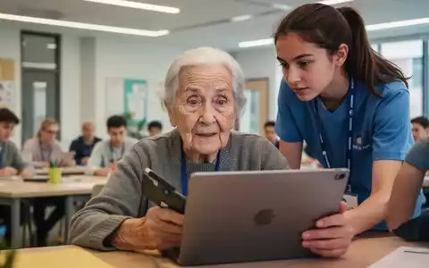 Eine ältere Person lernt mit einem Laptop, während eine jüngere Person geduldig daneben sitzt und hilft. - Foto: über boerse-global.de