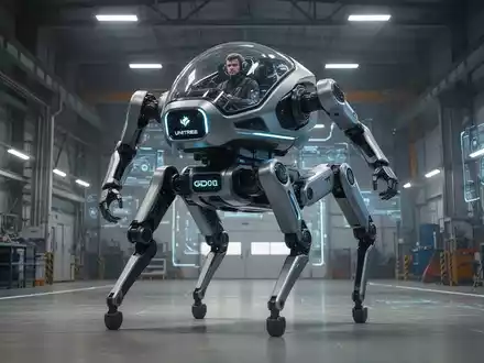Ein Unitree GD01 Mecha-Roboter, der in einer Industrieumgebung von zweibeinig zu vierbeinig wechselt, mit sichtbarem Piloten. - Foto: über boerse-global.de