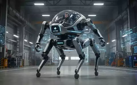 Ein Unitree GD01 Mecha-Roboter, der in einer Industrieumgebung von zweibeinig zu vierbeinig wechselt, mit sichtbarem Piloten. - Foto: über boerse-global.de