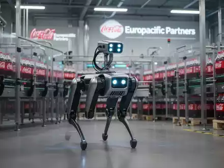 Ein gelb-schwarzer Boston-Dynamics-Spot-Roboter inspiziert Maschinen in einer Getränkeproduktionslinie. - Foto: über boerse-global.de