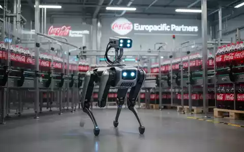 Ein gelb-schwarzer Boston-Dynamics-Spot-Roboter inspiziert Maschinen in einer Getränkeproduktionslinie. - Foto: über boerse-global.de