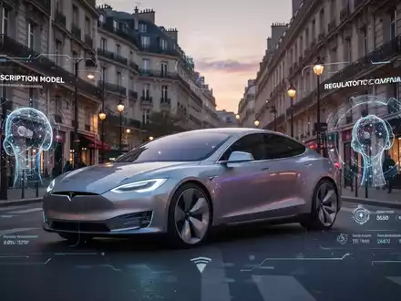 Tesla auf europäischer Straße mit digitalem Overlay zu Abo-Modell und Regulierung. - Foto: über boerse-global.de