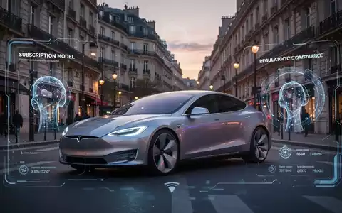 Tesla auf europäischer Straße mit digitalem Overlay zu Abo-Modell und Regulierung. - Foto: über boerse-global.de