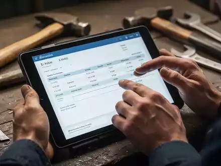 Hände eines Handwerkers, der eine E-Rechnung auf einem Tablet prüft, mit Werkzeugen im unscharfen Hintergrund. - Foto: über boerse-global.de