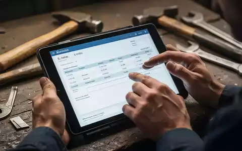 Hände eines Handwerkers, der eine E-Rechnung auf einem Tablet prüft, mit Werkzeugen im unscharfen Hintergrund. - Foto: über boerse-global.de