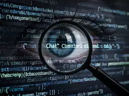 Ein stilisiertes digitales Auge oder eine Lupe scannt abstrakte Zeilen von Code auf einem dunklen Bildschirm, symbolisiert Überwachung und Datenschutz. - Foto: über boerse-global.de