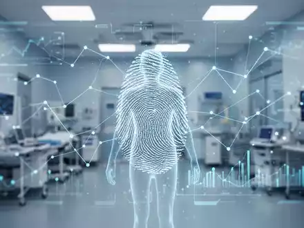 Eine stilisierte digitale Benutzeroberfläche mit Datenpunkten und Linien, überlagert von einer menschlichen Silhouette, die Patientendaten und KI symbolisiert. - Foto: über boerse-global.de