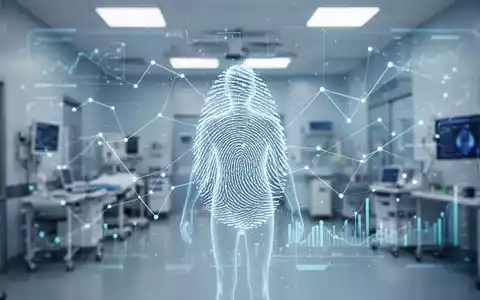 Eine stilisierte digitale Benutzeroberfläche mit Datenpunkten und Linien, überlagert von einer menschlichen Silhouette, die Patientendaten und KI symbolisiert. - Foto: über boerse-global.de