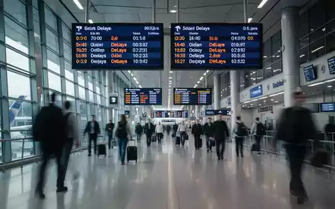 Ein belebtes Flughafenterminal mit Passagieren, die an Kontrollpunkten warten, und digitalen Anzeigetafeln, die Informationen anzeigen. - Foto: über boerse-global.de