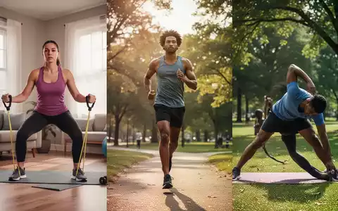 Eine Gruppe von Menschen, die verschiedene Übungen machen, darunter Heimtraining, Joggen und Dehnübungen im Freien. - Foto: über boerse-global.de