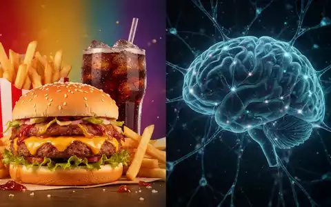 Ein geteiltes Bild: Links Junk-Food, rechts eine abstrakte Darstellung des Gehirns, die die Verbindung zwischen Ernährung und Psyche symbolisiert. - Foto: über boerse-global.de