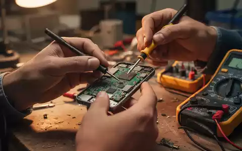 Nahaufnahme von Händen, die ein elektronisches Gerät mit Werkzeugen in einer Werkstatt reparieren, symbolisiert Reparaturkultur und Nachhaltigkeit. - Foto: über boerse-global.de