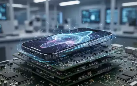 Hochwertiges Smartphone mit leuchtendem Bildschirm auf einem Stapel Mikrochips, symbolisiert fortschrittliche Technologie und Herstellungskosten. - Foto: über boerse-global.de